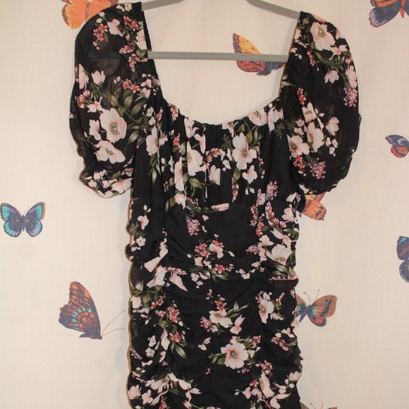 Blashe Black Runched Floral Print Mini Party Dress Size L - Picture 4 of 7